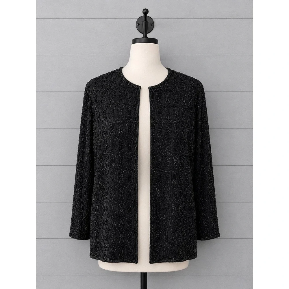 New Papell Boutique Evening Party Jacket Size 2X Black Fully Beaded Open Front